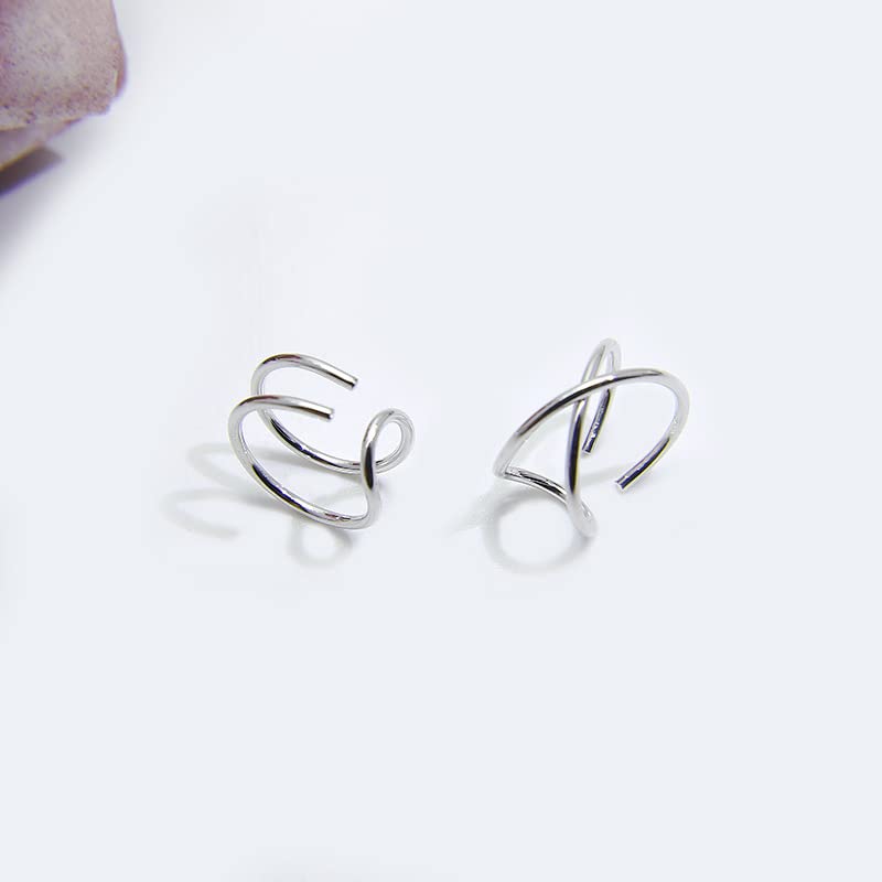 4PCS Helix Ear Cuff Cartilage Earring No Piercing Earcuff, 925 Sterling Silver,14K Gold Simple Criss Cross Double Lines Adjustable Ear Cuffs Minimalist Women Girls Men Clip On adornment Set - color: silver