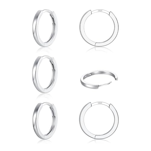 3 Pairs 925 Sterling Silver Small Huggie Hoop Earrings for Women Men | 14K White Gold Plated, Hypoallergenic, Small Silver Hoops - color: P-Silver 3Pairs 10mm
