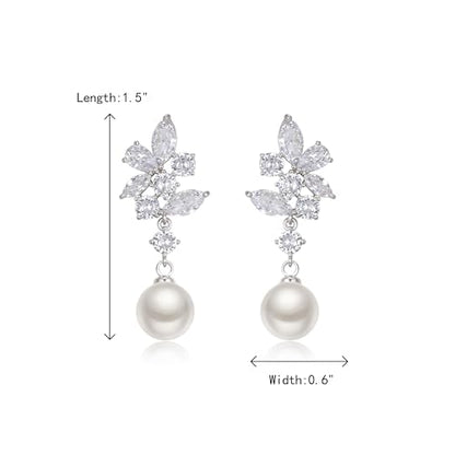 Crysdue Simulated Pearl Earrings for Women, Dainty Silver/Gold/Rose Gold Plated Cubic Zirconia Drop Dangle Earrings Wedding Jewelry for Bride Bridesmaid - style: A- CZ+pearl, silver