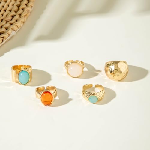 Chunky Gold Gemstone Ring Set for Women Adjustable Stackable Statement Rings Punk Geometric Turquoise Minimalist Jewelry - style: A-Gold