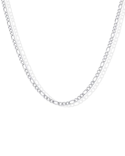 PAVOI Waterproof Chain Necklace for Women, 14K Gold Plated Layering Chains | Flat Curb, Herringbone, Snake, Rope, Figaro, Cuban Link & Paperclip Chain Necklaces, Stainless Steel Fashion Jewelry - color: White Gold