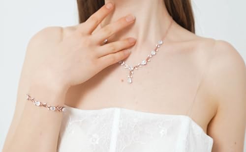 GZWHD Wedding Jewelry Sets for Bride Bridesmaid Women Cubic Zirconia Necklace Earrings Bracelet Set Gift for Mother Friend Wife Daughter Sister Party Prom Jewelry - color: Rose Gold-White