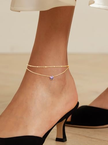 Suplight Gold Plated Butterfly Anklets for Women Waterproof, Layered Boho Ankle Bracelet with Birthstone, Stainless Steel Adjustable Non-Tarnish Heart Foot Jewelry Beach Vacation - color: 02. Heart-Feb. Amethyst