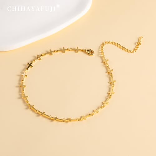 Sterling Silver Ankle Bracelets for Women 14K Gold Waterproof Layered Stackable Bead Chain Cross Charm Non Tarnish Large Adjustable Anklet for Summer Beach Jewelry Gift - color: gold5