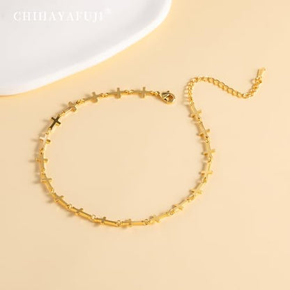 Sterling Silver Ankle Bracelets for Women 14K Gold Waterproof Layered Stackable Bead Chain Cross Charm Non Tarnish Large Adjustable Anklet for Summer Beach Jewelry Gift - color: gold5