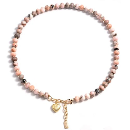 Boho Gemstone Beaded Necklace for Women – Colorful Natural Stone Choker 18K Solid Heart-Shaped Pendant, Summer Beach Jewelry - color: Pink Zebra Jasper