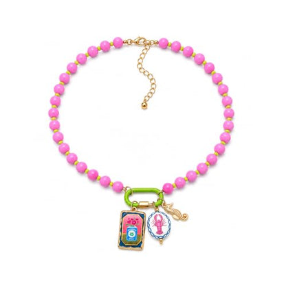 LIU JUN Colorful Beaded Necklace for Women, Chunky Boho Fish Starfish Conch Pendant Acrylic Bead Necklaces Cute Y2K Summer Beach Jewelry Gifts - color: Seahorse-1