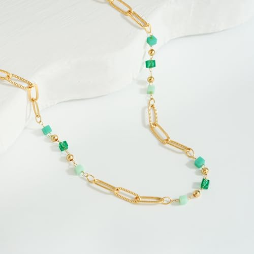 MTMY Beaded Necklaces for Women 14K Gold Plated Dainty Colorful Green/Rose Beaded Pearl Choker Necklace Delicate Boho Choker Necklace Jewelry Gift - style: beads paper clip