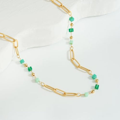 MTMY Beaded Necklaces for Women 14K Gold Plated Dainty Colorful Green/Rose Beaded Pearl Choker Necklace Delicate Boho Choker Necklace Jewelry Gift - style: beads paper clip
