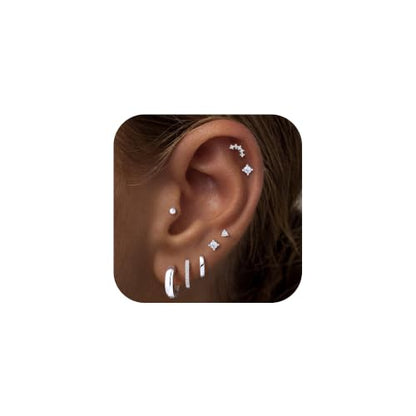 Turandoss 8 Pairs Gold Stud Hoop Earrings for Women | 14K Gold Plated Small Huggie Hoop Earrings, Flat Back Cartilage Earring Stacks Set, Multiple Piercing, Hypoallergenic - color: Silver Plated