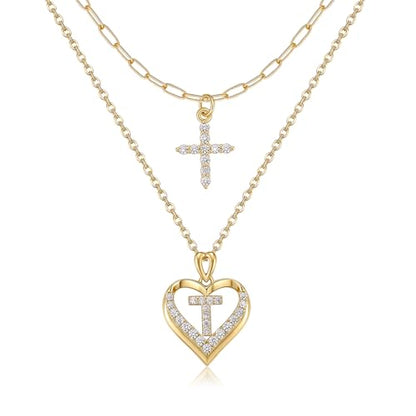 14K Gold Plated Layering Necklaces,Heart Initial Layered Necklace Cross Pendant Necklace Charm Personalized Stackable Jewelry Gift for Her - style: T
