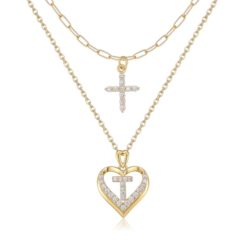 14K Gold Plated Layering Necklaces,Heart Initial Layered Necklace Cross Pendant Necklace Charm Personalized Stackable Jewelry Gift for Her - style: T