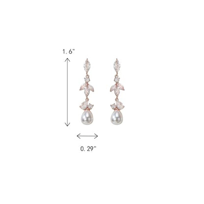Crysdue Simulated Pearl Earrings for Women, Dainty Silver/Gold/Rose Gold Plated Cubic Zirconia Drop Dangle Earrings Wedding Jewelry for Bride Bridesmaid - style: K_CZ+ pearl, Rose Gold