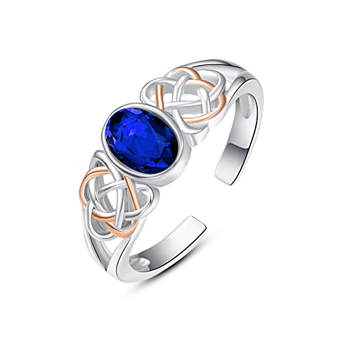 PRAYMOS 925 Sterling Silver Ring Birthstone Ring Turquoise Moss White Opal Ring for Women Celtic Knot Open Adjustable Thrumb Ring - color: Blue Sapphire