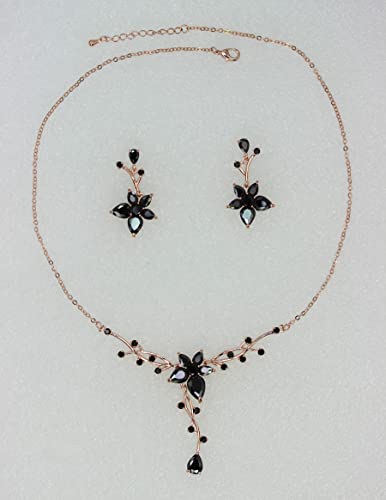 Faship Gorgeous CZ Crystal Floral Necklace Earrings Set - color: Black / Rose gold plated