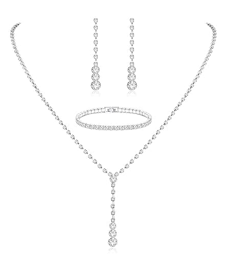 Jstyle Silver Bridal Jewelry Set for Women Rhinestone Necklace Dangle Earrings Bracelet Set Wedding Jewelry Sets for Brides Bridesmaid Crystal Prom Costume Jewelry Accessories for Women