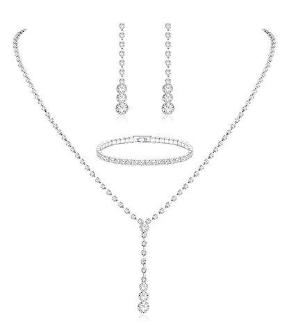 Jstyle Silver Bridal Jewelry Set for Women Rhinestone Necklace Dangle Earrings Bracelet Set Wedding Jewelry Sets for Brides Bridesmaid Crystal Prom Costume Jewelry Accessories for Women