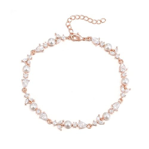 EVER FAITH Gorgeous Cubic Zirconia Pearl Wedding Link Bracelet for Bride | Marquise Teardrop Crystal Bridal Prom Jewelry, for Women Bridesmaids - style: Drop_Clear Rose Gold-Tone