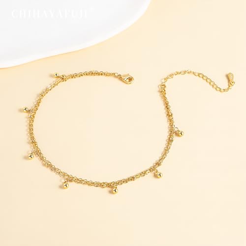Sterling Silver Ankle Bracelets for Women Gold Waterproof Layered Stackable Dainty Cute Bead Chain Non Tarnish Adjustable Anklet Bracelet for Summer Beach Jewelry Gift - color: gold-C