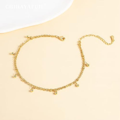 Sterling Silver Ankle Bracelets for Women Gold Waterproof Layered Stackable Dainty Cute Bead Chain Non Tarnish Adjustable Anklet Bracelet for Summer Beach Jewelry Gift - color: gold-C