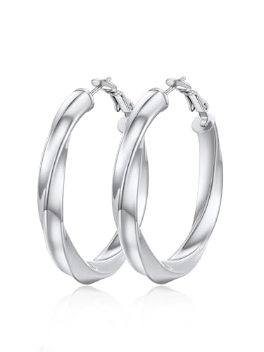 FindChic Twisted Hoop Earrings for Women, Silver/Black/14K Gold Plated Hypoallergenic Hollow Tube Rounded Loop Earrings, 30mm/40mm/60mm/80mm Hoops with Custom Name Options and Gift Box - color: b.Silver, size: 40MM