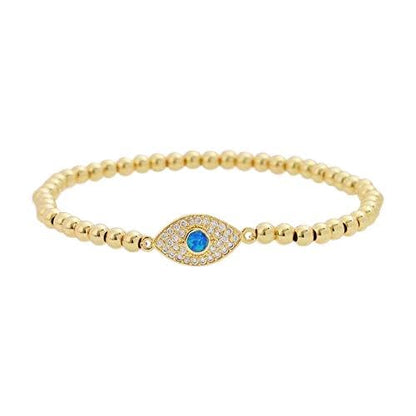 Women Evil Eye Ball chain Elastic bracelet with CZ Cubic Zirconia - color: Opal Gold