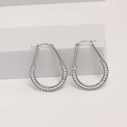 LeCalla 925 Sterling Silver Hoop Earrings for Women | Italian Design Classic Diamond-Cut Textured Hoops Earring | Women's Oval Drop Shape Silver Earring Jewelry - color: Large Zirconia