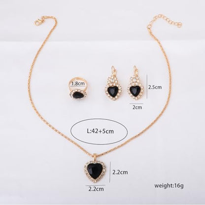 4 Pcs Heart Jewelry Set for Women fashion Cubic Zirconia Pendant Necklace Bracelet Earrings Dainty Open Ring Charm Prom Party, Birthday Valentines Mothers Day Christmas Jewelry Gift - style: Black