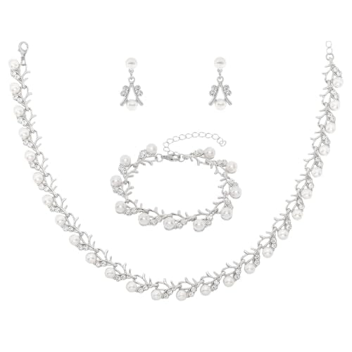 Rhinestone Pearl Jewelry Set Bracelet Necklace Earring for Women | Adjustable Extension Chain, Wedding Bridal Accessories, Faux Pearl Rhinestone Combo, Elegant Gift for Women - color: Silver