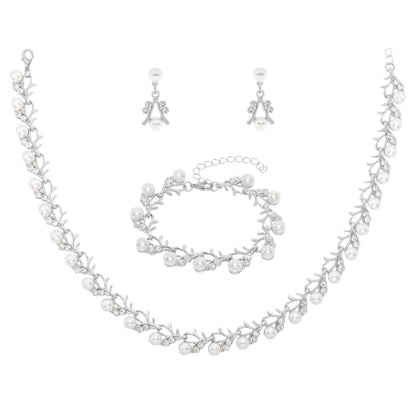 Rhinestone Pearl Jewelry Set Bracelet Necklace Earring for Women | Adjustable Extension Chain, Wedding Bridal Accessories, Faux Pearl Rhinestone Combo, Elegant Gift for Women - color: Silver