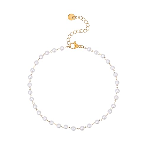 Dainty Ankle Bracelets for Women 18K Gold Plated Beaded Anklet Chain Simple Tiny Beads Anklet Waterproof Minimalist Summer Beach Foot Jewelry Gifts - color: Pearl-Gold
