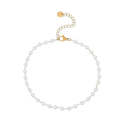 Dainty Ankle Bracelets for Women 18K Gold Plated Beaded Anklet Chain Simple Tiny Beads Anklet Waterproof Minimalist Summer Beach Foot Jewelry Gifts - color: Pearl-Gold