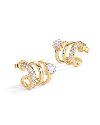PAVOI 14K Gold Plated Cubic Zirconia Segment Triple Hoop Earrings for Women | Hypoallergenic Earrings with 925 Sterling Silver Posts, Statement Triple Hoop Stud Earrings - color: Yellow Gold