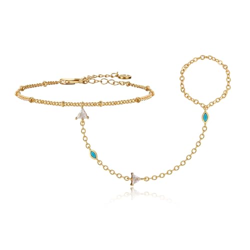 Cicy Bell Hand Chain Bracelets for Women 18K Gold Plated | Layered Stackable Dainty Ring Bracelets, Adjustable Satellite Bead Dot Link Finger Bracelets - color: Style F-Gold