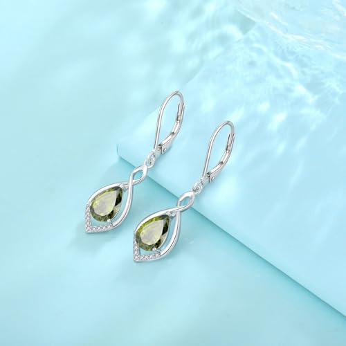 Infinity Teardrop Earrings 925 Sterling Silver Dangle Drop Leverback Earrings Birthstone Jewelry for Women - color: Olive Green