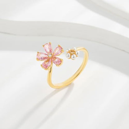 Kokoma Dainty Flower Ring for Women Sparkling Cubic Zirconia Daisy Open Statement Rings Pearl Chic Engagement Promise Ring Wrap Finger Band - color: Pink