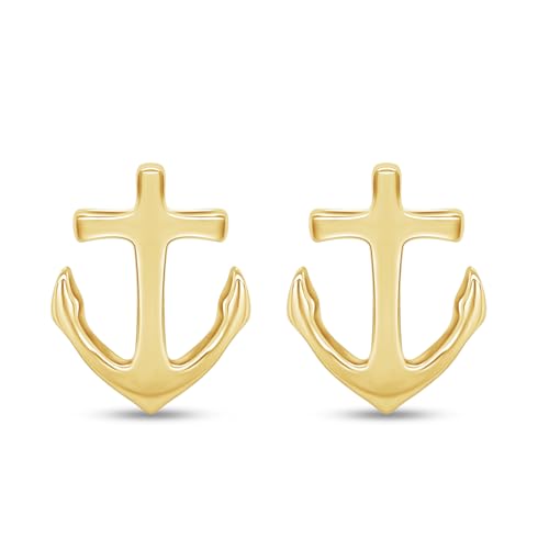 AFFY 14K Gold Plated 925 Sterling Silver Plain Minimalist dainty Stud Earrings Jewelry For Her Women Birthday Gift - color: Anchor