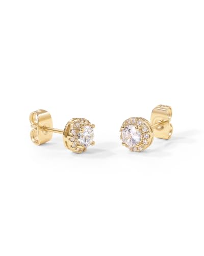PAVOI 14K Gold Plated 925 Sterling Silver Post Brilliant Round Faux Diamond Halo Earrings - Premium Cubic Zirconia - style: 6.35mm Round