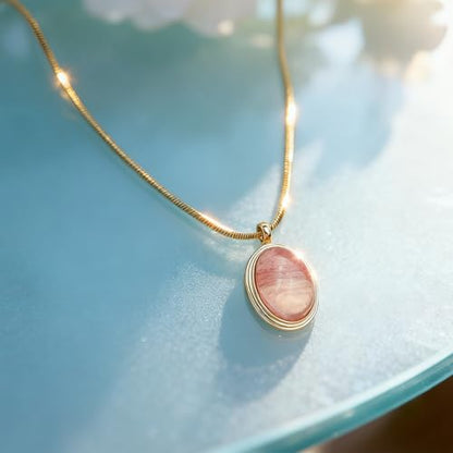 Sonateomber Gold Stone Pendant Necklace for Women, Chunky Statement Dainty Heart Oval Natural Gemstone Dangle Necklaces Wedding Prom Accessories Fashion Jewelry Gift - color: Pink Cat's Eye