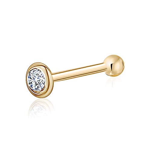 Massete 18k 14k Gold Nose Ring - 20g Nose Stud, Hypoallergenic Threadless Piercings for Women Men, Yellow White Rose Real Gold Standard or Long Nose Rings Studs, CZ or Ball Nose Piercing Jewelry - color: Simulated Diamond - 14k Yellow Gold, size: Longer L
