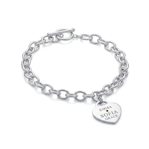 Personalized Name Heart Charm Bracelet for Women | Customized Charm ID Name Bracelet with Custom Birthstone | Customized Jewelry Gift for Her