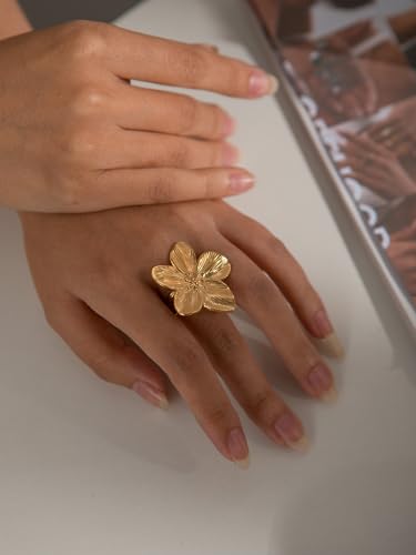 Gold Flower Ring for Women Trendy Silver Flower Statement Ring Adjustable Minimalist Rings Jewelry - color: Gold, style: Flower A
