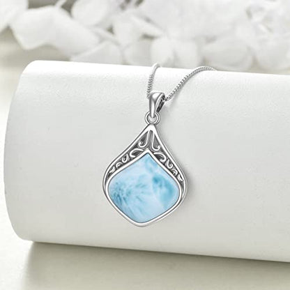 YAFEINI Teardrop Necklace Sterling Silver Filigree Irish Pendant Necklace Natural Stone Moonstone/Lapis Lazuli/Larimar/Moss Agate Necklace Jewelry - color: Larimar teardrop necklace