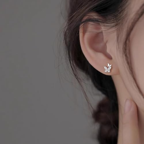 Silver Double Butterfly Crystal Stud Earrings, Dainty Shining Birthstone Birthday Gift Tiny Earrings, Sparkling Zircon Jewelry