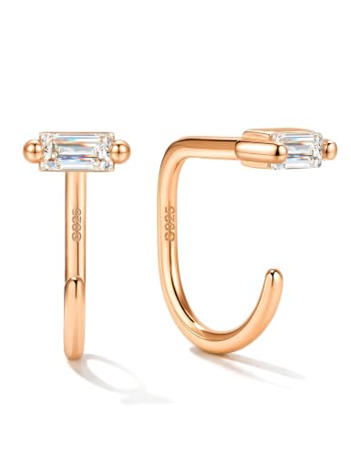 GEMQUEEN Moissanite 925 Sterling Silver Half Hoop Earrings for Women, Small Stay Close Huggie Hoops Comfort Backless Earring Lightweight No Back Moissanite Arc Hoop Earrings D Color VVS1 - color: Rose Gold, size: Rectangle
