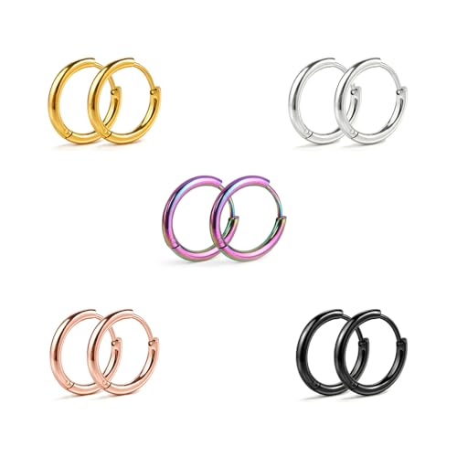 Small Gold Silver Hoop Earrings for Women Men | Stainless Steel Huggie Hoops Earring Stacks for Multiple Piercing 6mm-16mm - color: 12mm (5 Colors), 5 Pairs