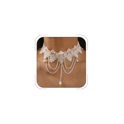 Lace Choker Necklace for Women Gothic Pearl Pendant Necklace Halloween Cosplay Jewelry - color: White Drop