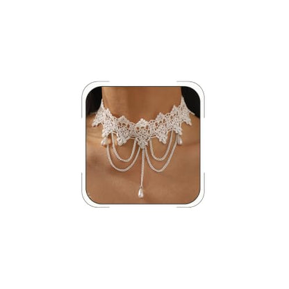Lace Choker Necklace for Women Gothic Pearl Pendant Necklace Halloween Cosplay Jewelry - color: White Drop
