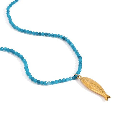 Boho Fish Necklace for Women - Blue Natural Stone Fish Pendant Necklace, Bohemian Beach Jewelry Colourful Jewelry for Summer Vacation - color: Blue