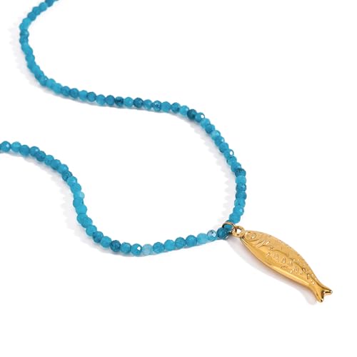 Boho Fish Necklace for Women - Blue Natural Stone Fish Pendant Necklace, Bohemian Beach Jewelry Colourful Jewelry for Summer Vacation - color: Blue